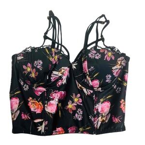 NWT Victoria's Secret 32C Bustier Black Floral Lace Strappy‎ Front Zip